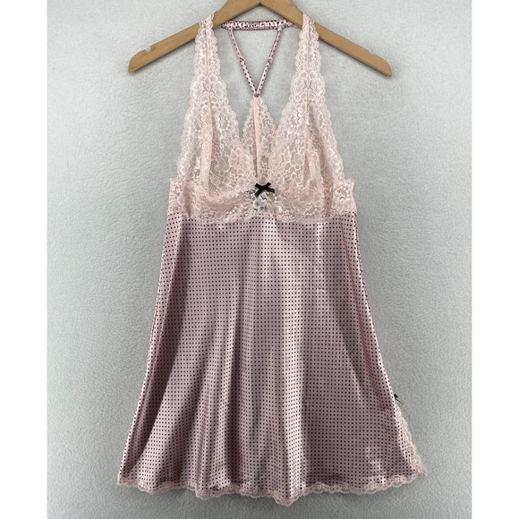 Victoria's Secret Other - VICTORIAS SECRET Nightgown M Polka Dot Satin Lace Trim Racerback Lingerie Pink